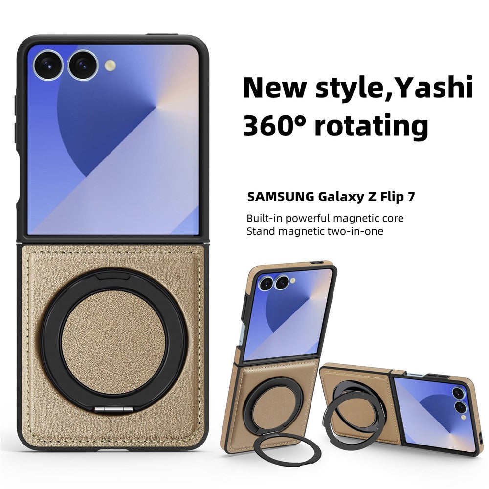 For Samsung Galaxy Z Flip7 5G Case with Ring Kickstand Compatible with MagSafe PU Leather Back Cover - Desert Gold