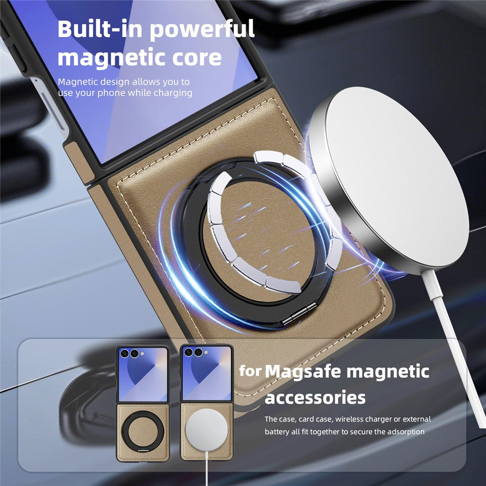 For Samsung Galaxy Z Flip7 5G Case with Ring Kickstand Compatible with MagSafe PU Leather Back Cover - Desert Gold