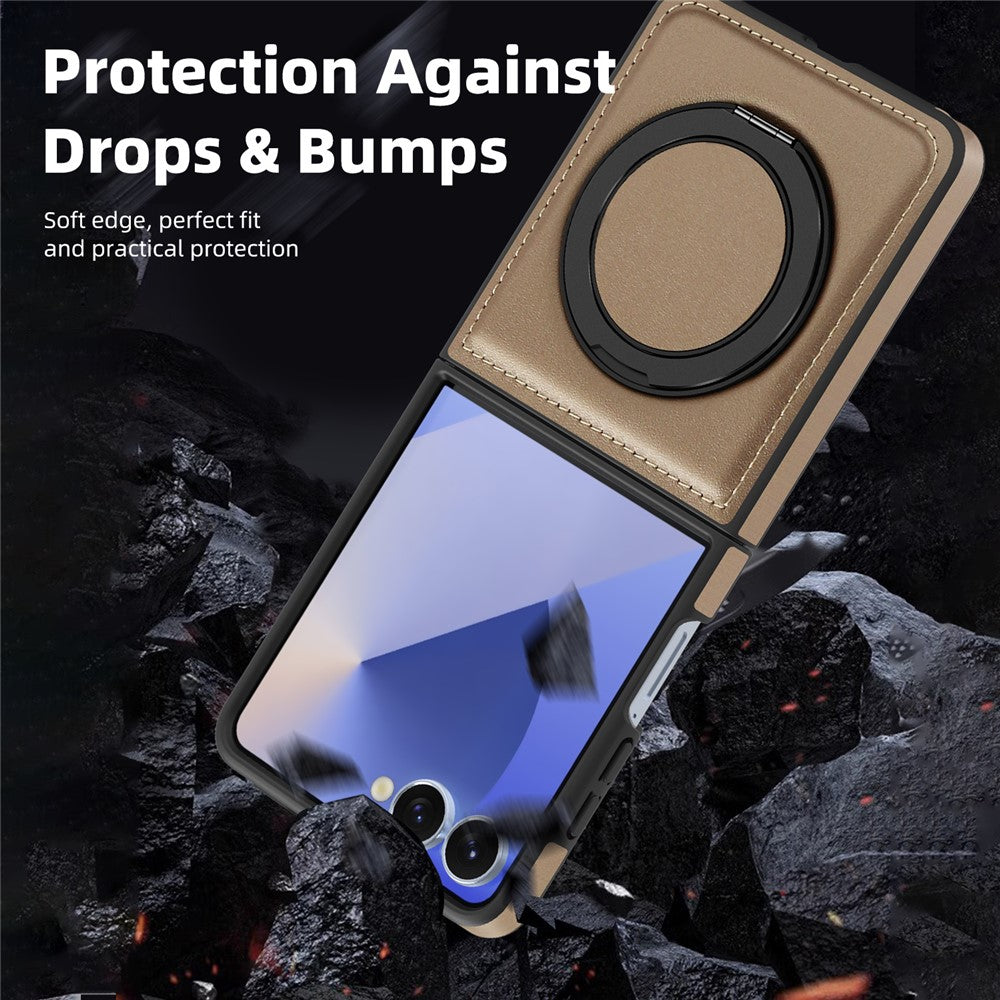 For Samsung Galaxy Z Flip7 5G Case with Ring Kickstand Compatible with MagSafe PU Leather Back Cover - Desert Gold