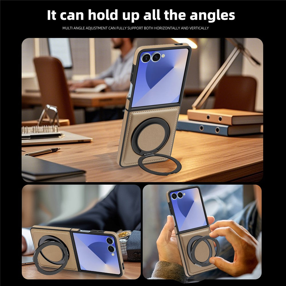 For Samsung Galaxy Z Flip7 5G Case with Ring Kickstand Compatible with MagSafe PU Leather Back Cover - Desert Gold