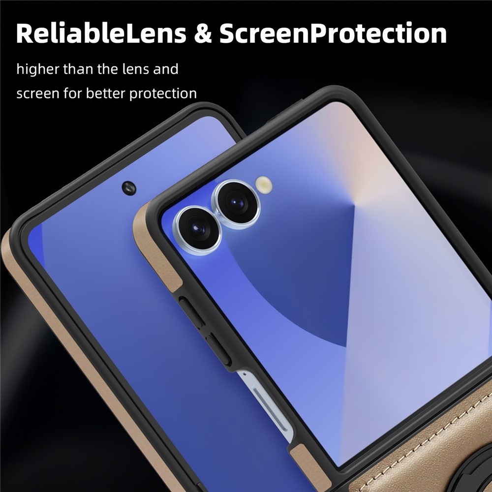 For Samsung Galaxy Z Flip7 5G Case with Ring Kickstand Compatible with MagSafe PU Leather Back Cover - Desert Gold