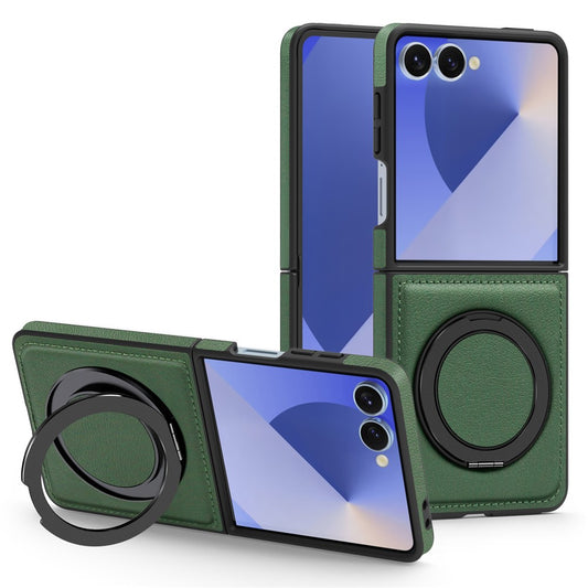 For Samsung Galaxy Z Flip7 5G Case with Ring Kickstand Compatible with MagSafe PU Leather Back Cover - Green