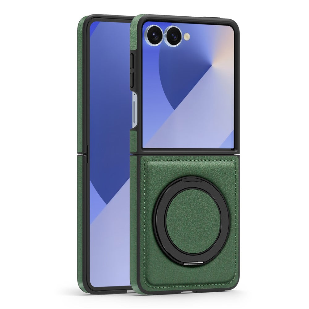 For Samsung Galaxy Z Flip7 5G Case with Ring Kickstand Compatible with MagSafe PU Leather Back Cover - Green