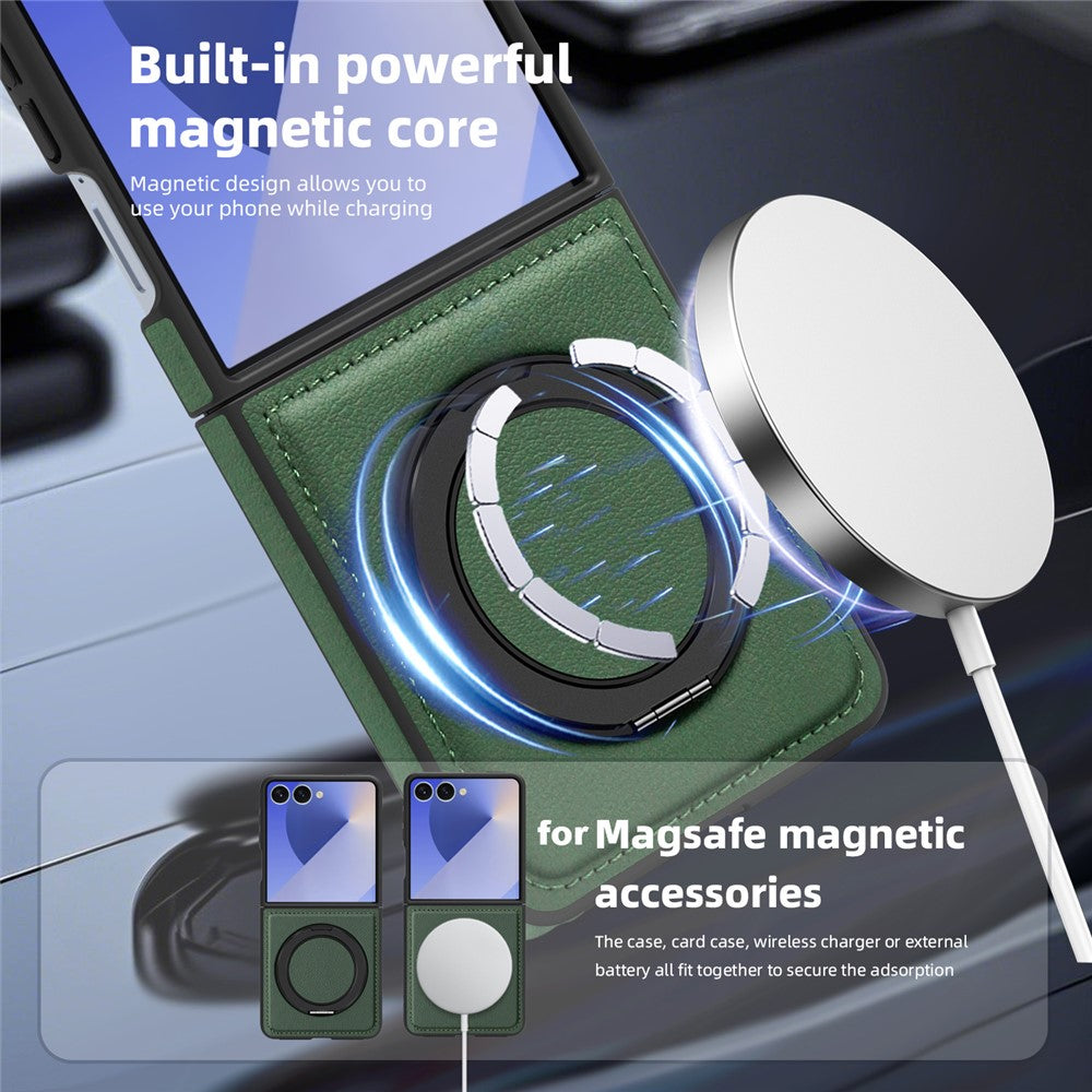 For Samsung Galaxy Z Flip7 5G Case with Ring Kickstand Compatible with MagSafe PU Leather Back Cover - Green