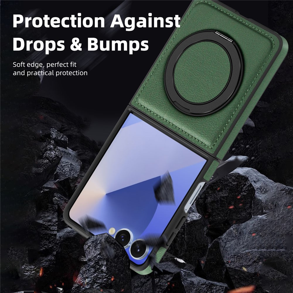 For Samsung Galaxy Z Flip7 5G Case with Ring Kickstand Compatible with MagSafe PU Leather Back Cover - Green