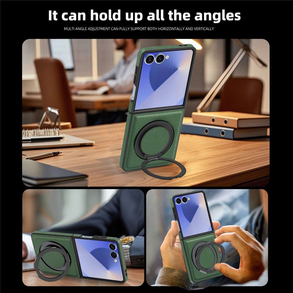 For Samsung Galaxy Z Flip7 5G Case with Ring Kickstand Compatible with MagSafe PU Leather Back Cover - Green
