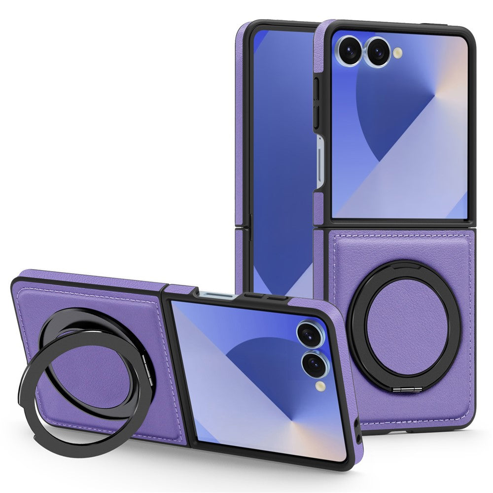 For Samsung Galaxy Z Flip7 5G Case with Ring Kickstand Compatible with MagSafe PU Leather Back Cover - Purple