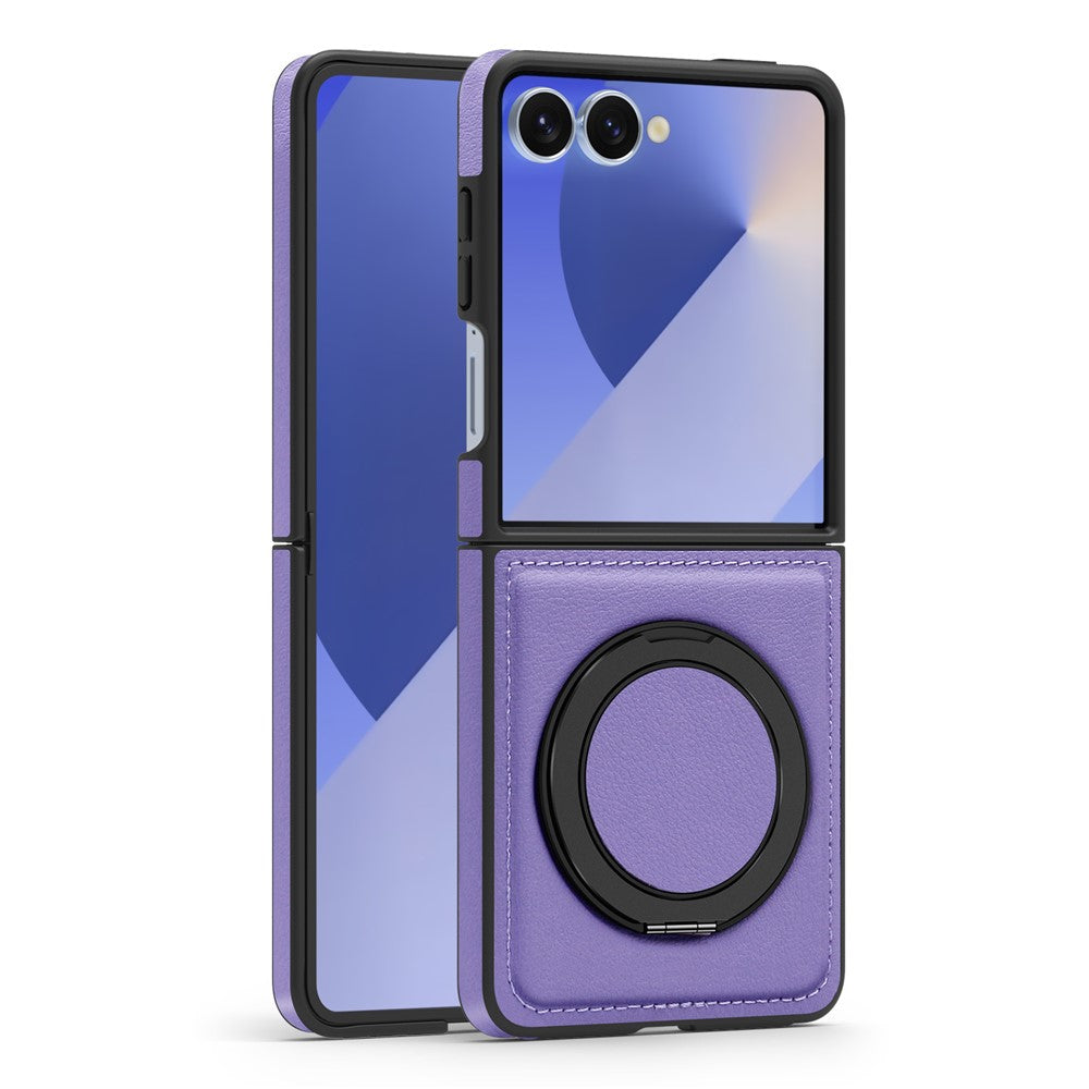 For Samsung Galaxy Z Flip7 5G Case with Ring Kickstand Compatible with MagSafe PU Leather Back Cover - Purple