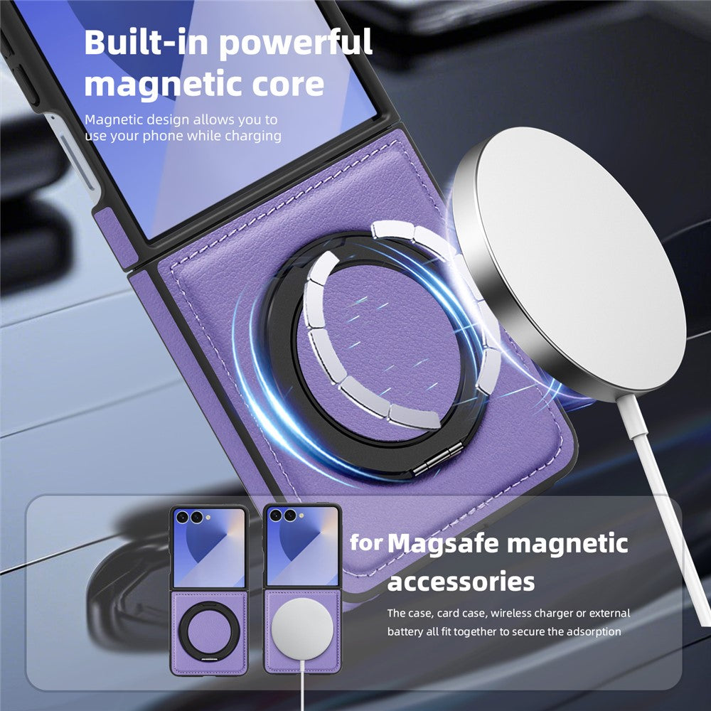 For Samsung Galaxy Z Flip7 5G Case with Ring Kickstand Compatible with MagSafe PU Leather Back Cover - Purple