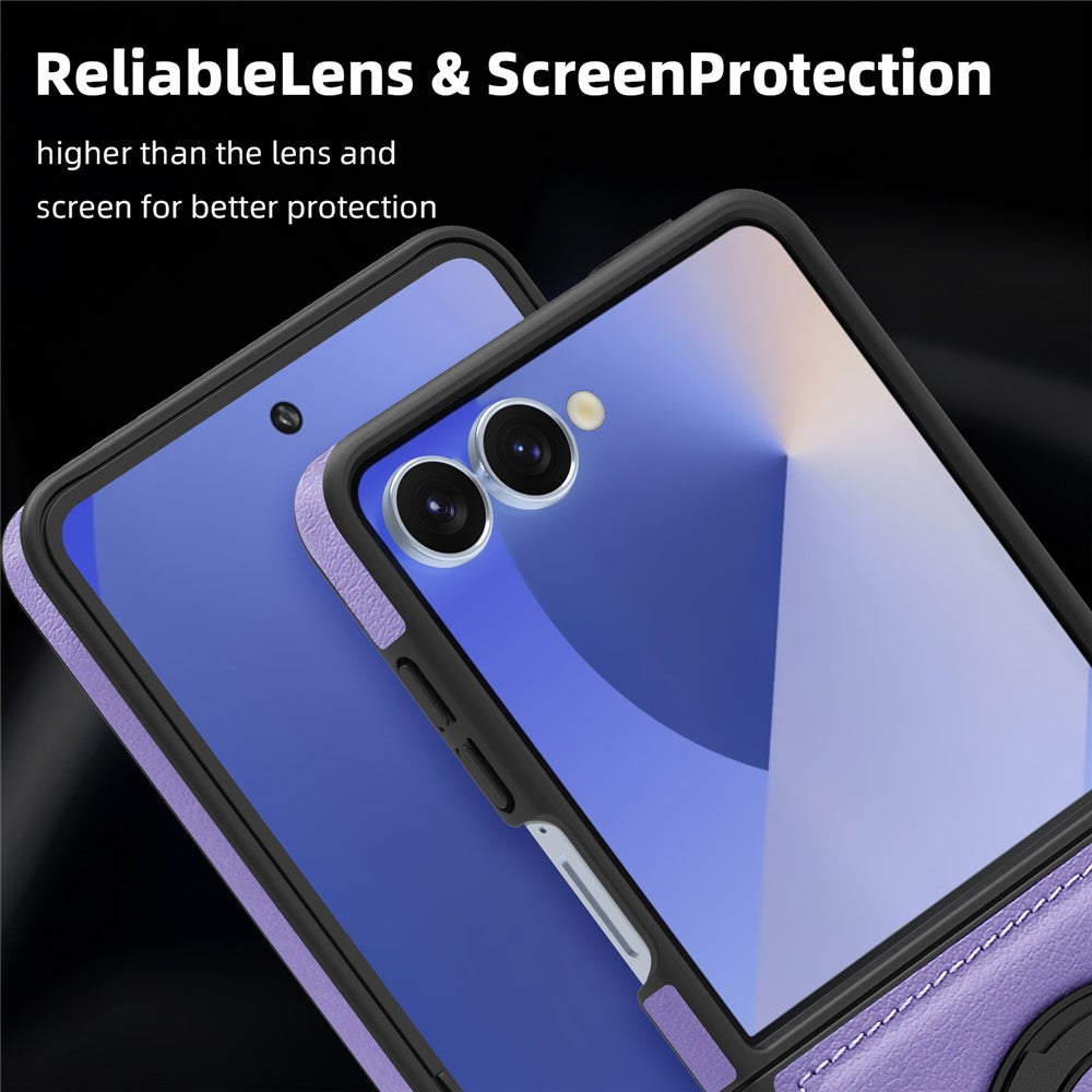 For Samsung Galaxy Z Flip7 5G Case with Ring Kickstand Compatible with MagSafe PU Leather Back Cover - Purple