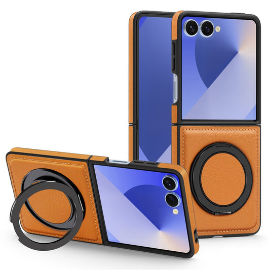 For Samsung Galaxy Z Flip7 5G Case with Ring Kickstand Compatible with MagSafe PU Leather Back Cover - Brown