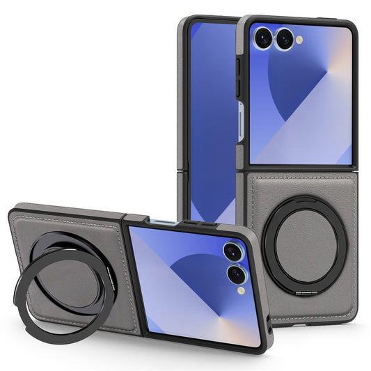 For Samsung Galaxy Z Flip7 5G Case with Ring Kickstand Compatible with MagSafe PU Leather Back Cover - Grey