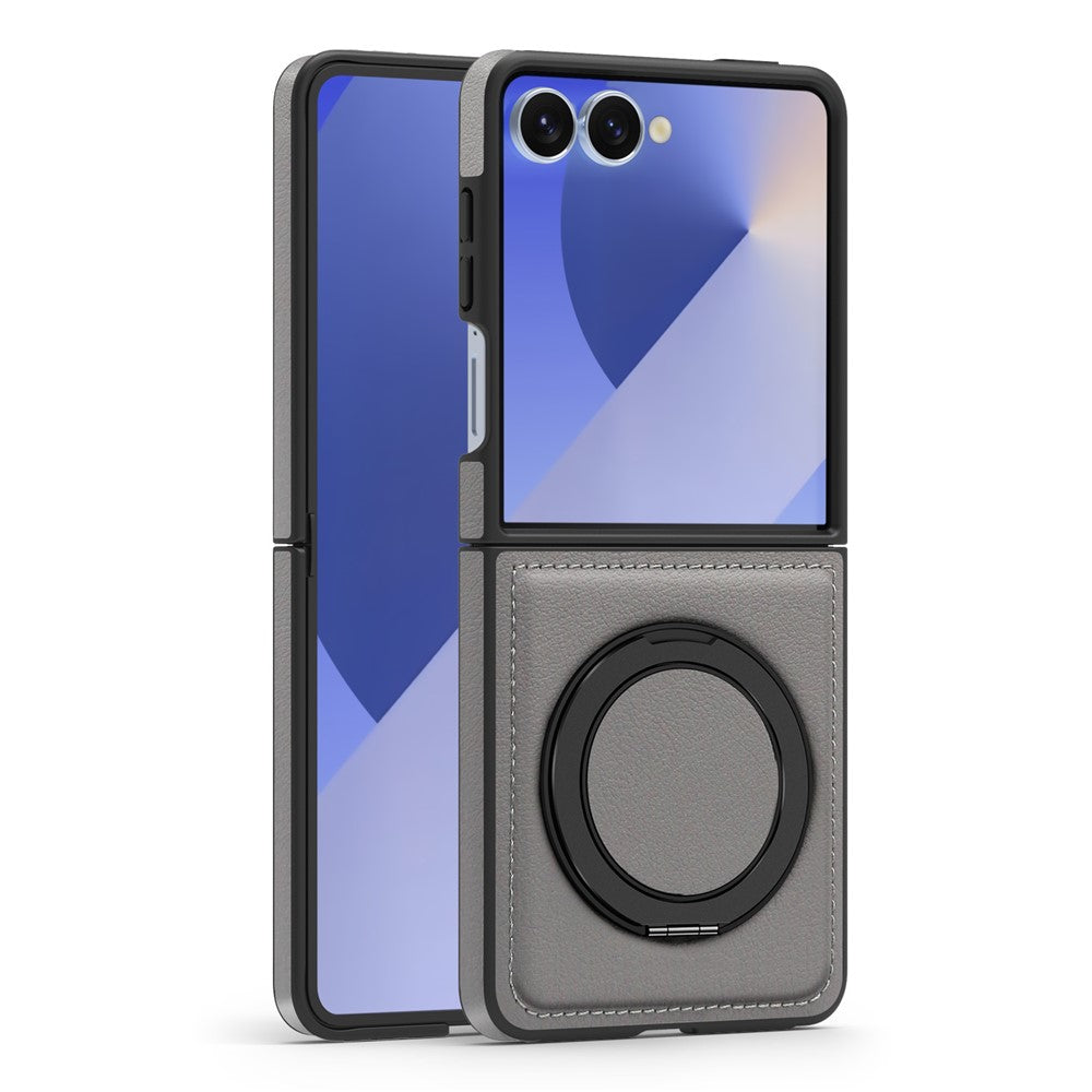 For Samsung Galaxy Z Flip7 5G Case with Ring Kickstand Compatible with MagSafe PU Leather Back Cover - Grey