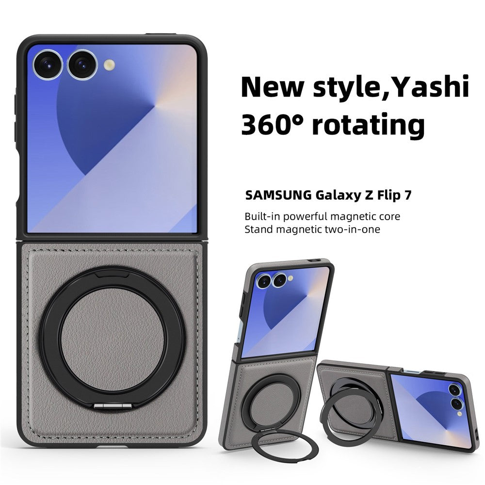For Samsung Galaxy Z Flip7 5G Case with Ring Kickstand Compatible with MagSafe PU Leather Back Cover - Grey