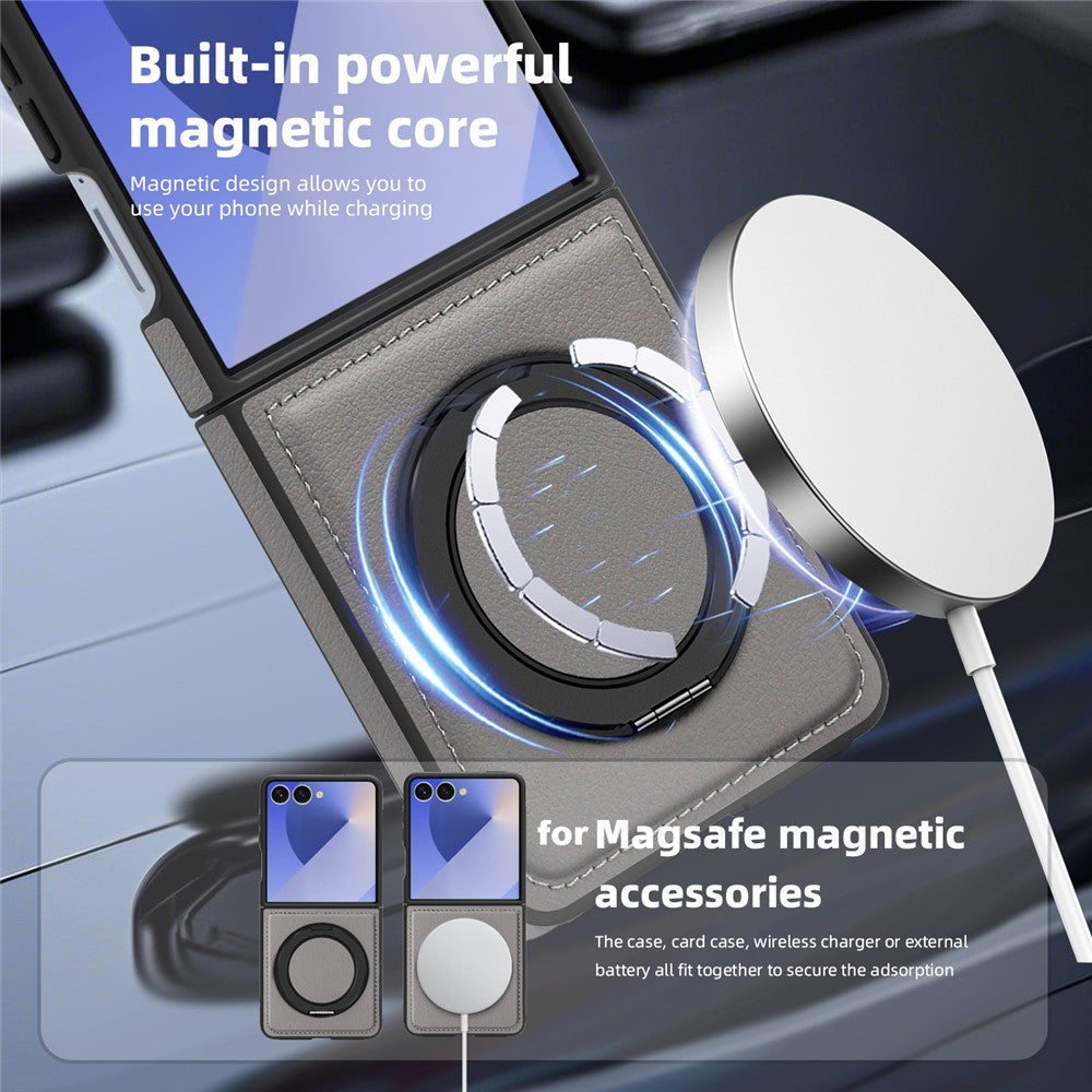 For Samsung Galaxy Z Flip7 5G Case with Ring Kickstand Compatible with MagSafe PU Leather Back Cover - Grey