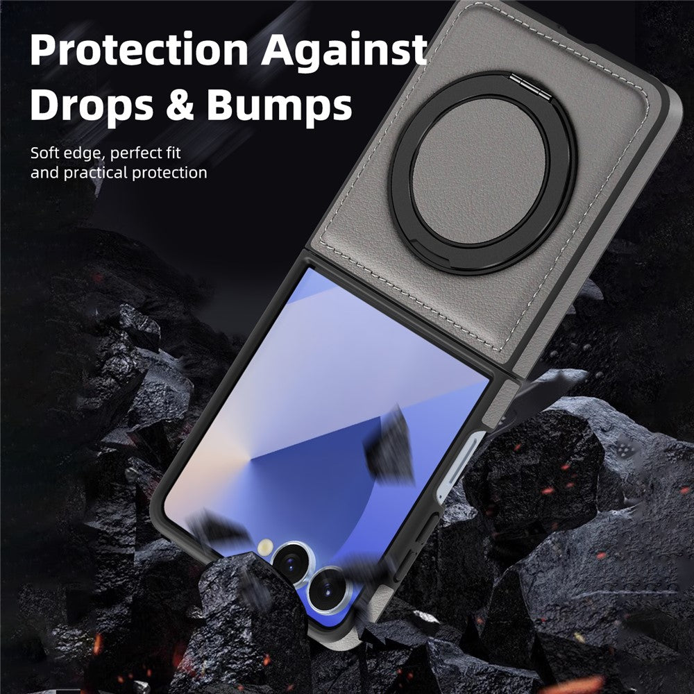 For Samsung Galaxy Z Flip7 5G Case with Ring Kickstand Compatible with MagSafe PU Leather Back Cover - Grey