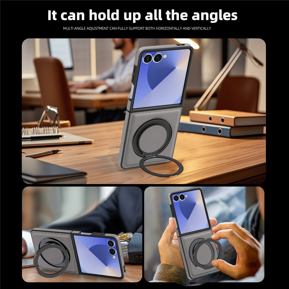 For Samsung Galaxy Z Flip7 5G Case with Ring Kickstand Compatible with MagSafe PU Leather Back Cover - Grey