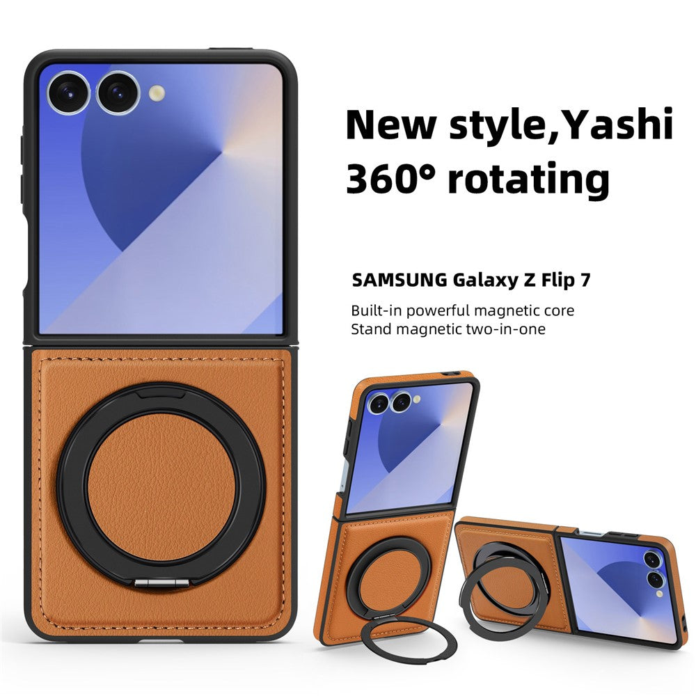 For Samsung Galaxy Z Flip7 5G Case with Ring Kickstand Compatible with MagSafe PU Leather Back Cover - Orange