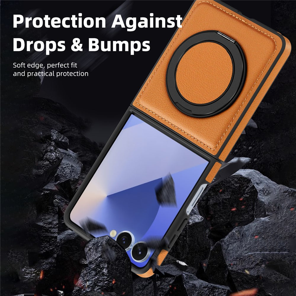 For Samsung Galaxy Z Flip7 5G Case with Ring Kickstand Compatible with MagSafe PU Leather Back Cover - Orange