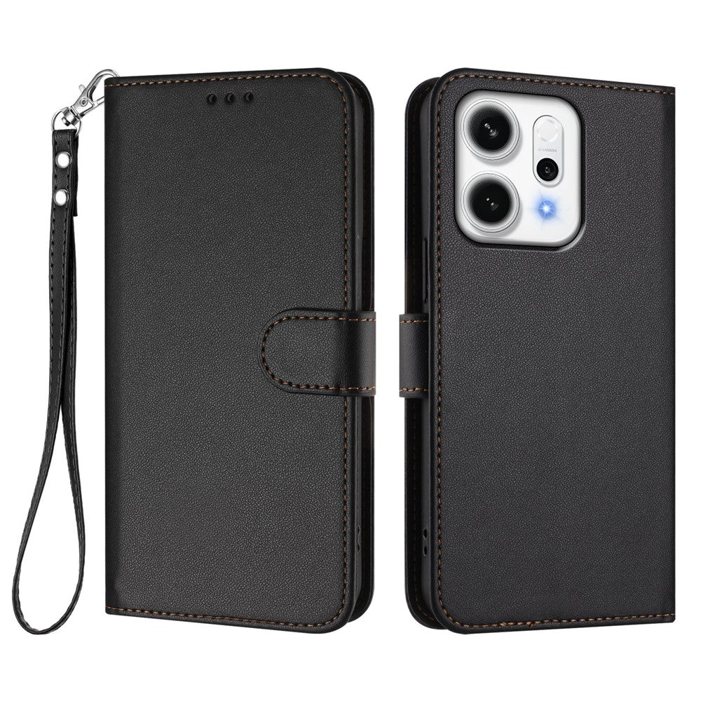 For Oppo Reno14 Pro 5G (Global) Leather Case Wallet Stand Phone Cover with Wrist Strap - Black