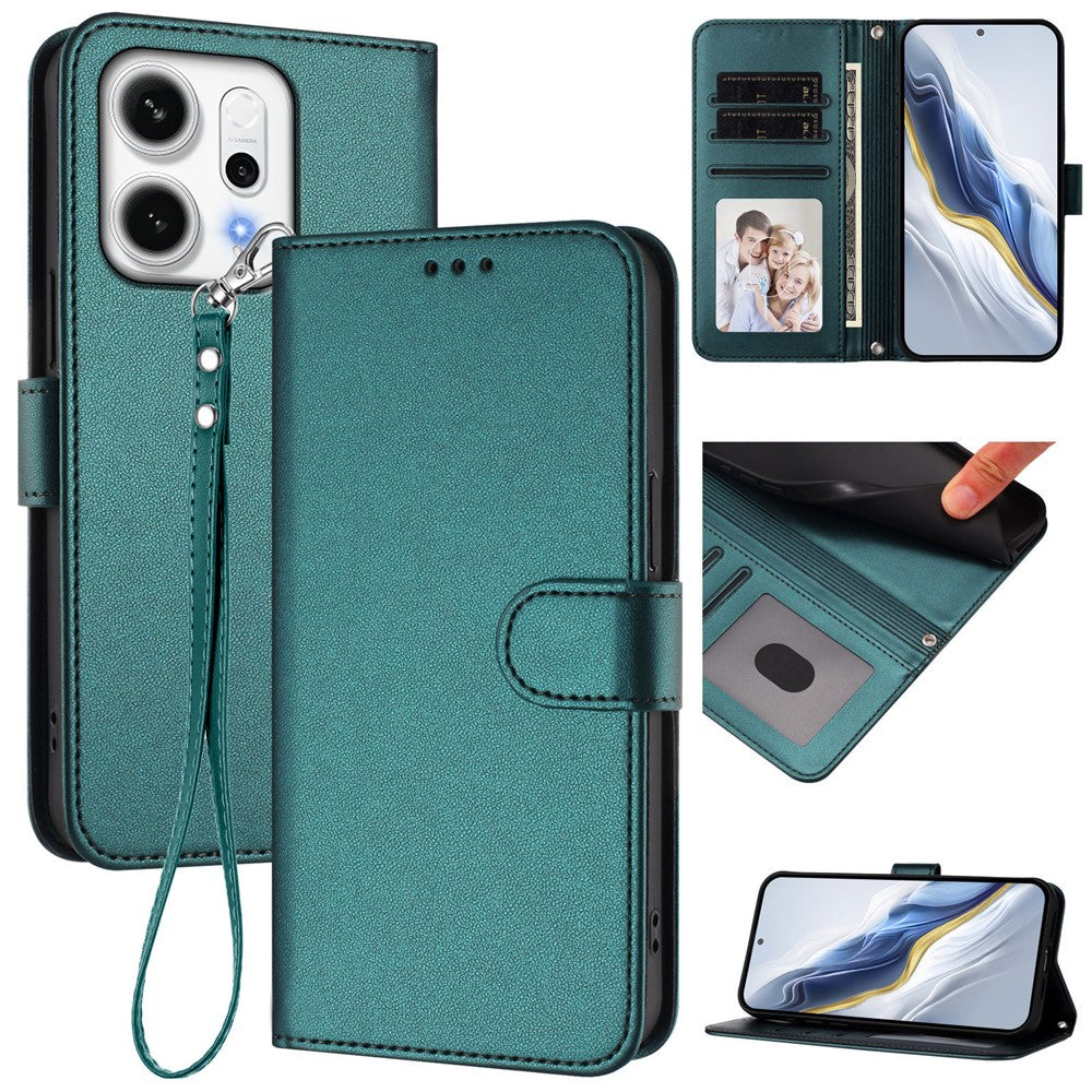 For Oppo Reno14 Pro 5G (Global) Leather Case Wallet Stand Phone Cover with Wrist Strap - Green