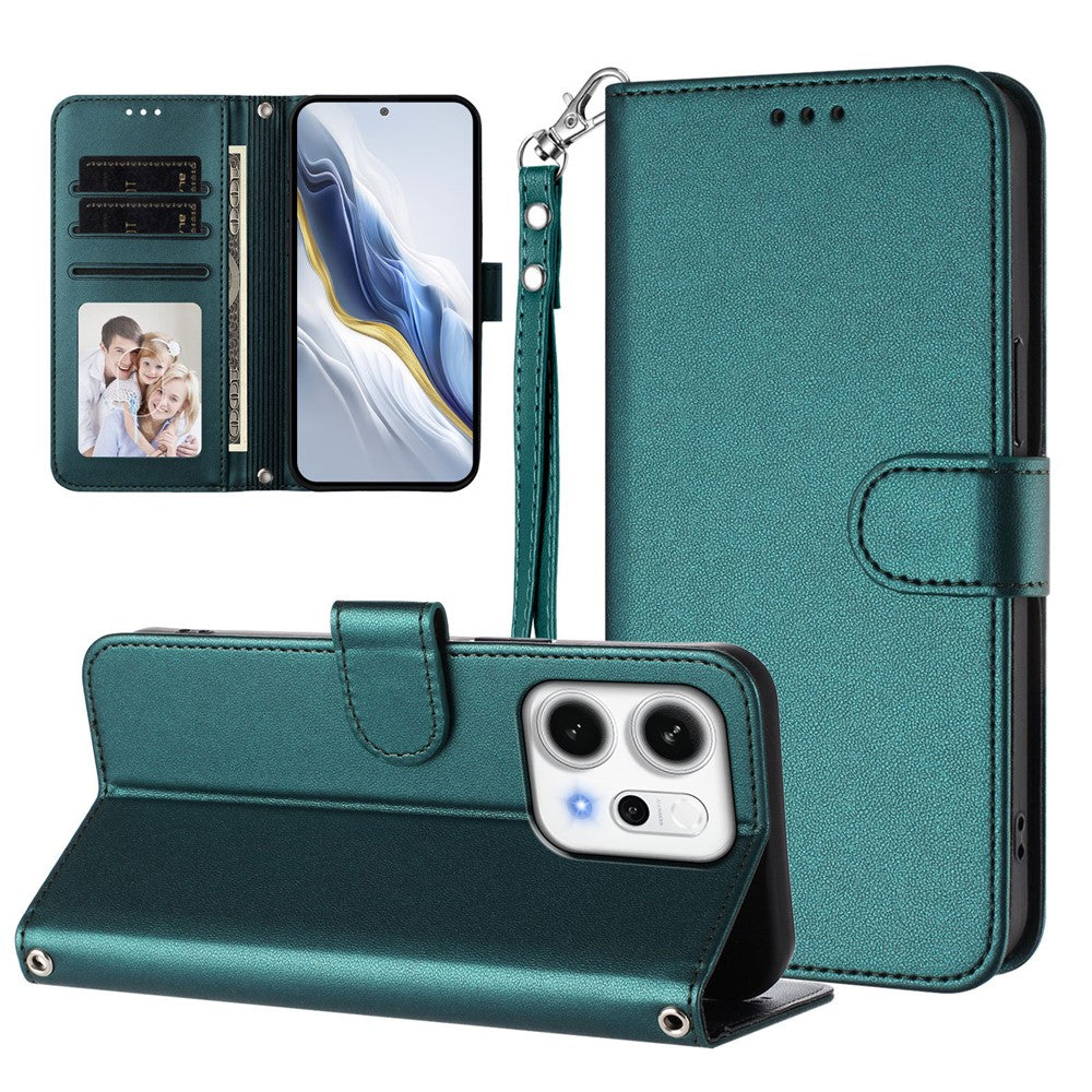 For Oppo Reno14 Pro 5G (Global) Leather Case Wallet Stand Phone Cover with Wrist Strap - Green