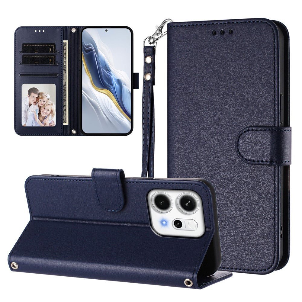 For Oppo Reno14 Pro 5G (Global) Leather Case Wallet Stand Phone Cover with Wrist Strap - Blue