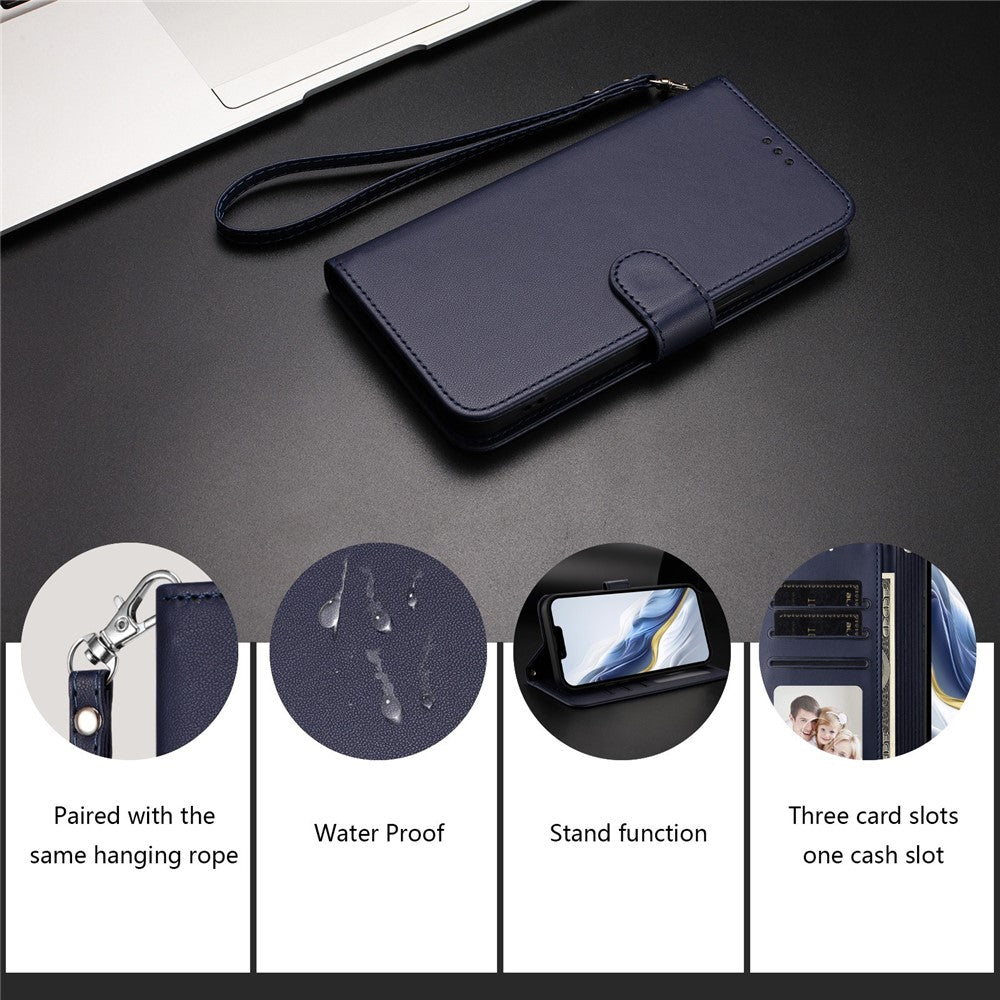 For Oppo Reno14 Pro 5G (Global) Leather Case Wallet Stand Phone Cover with Wrist Strap - Blue