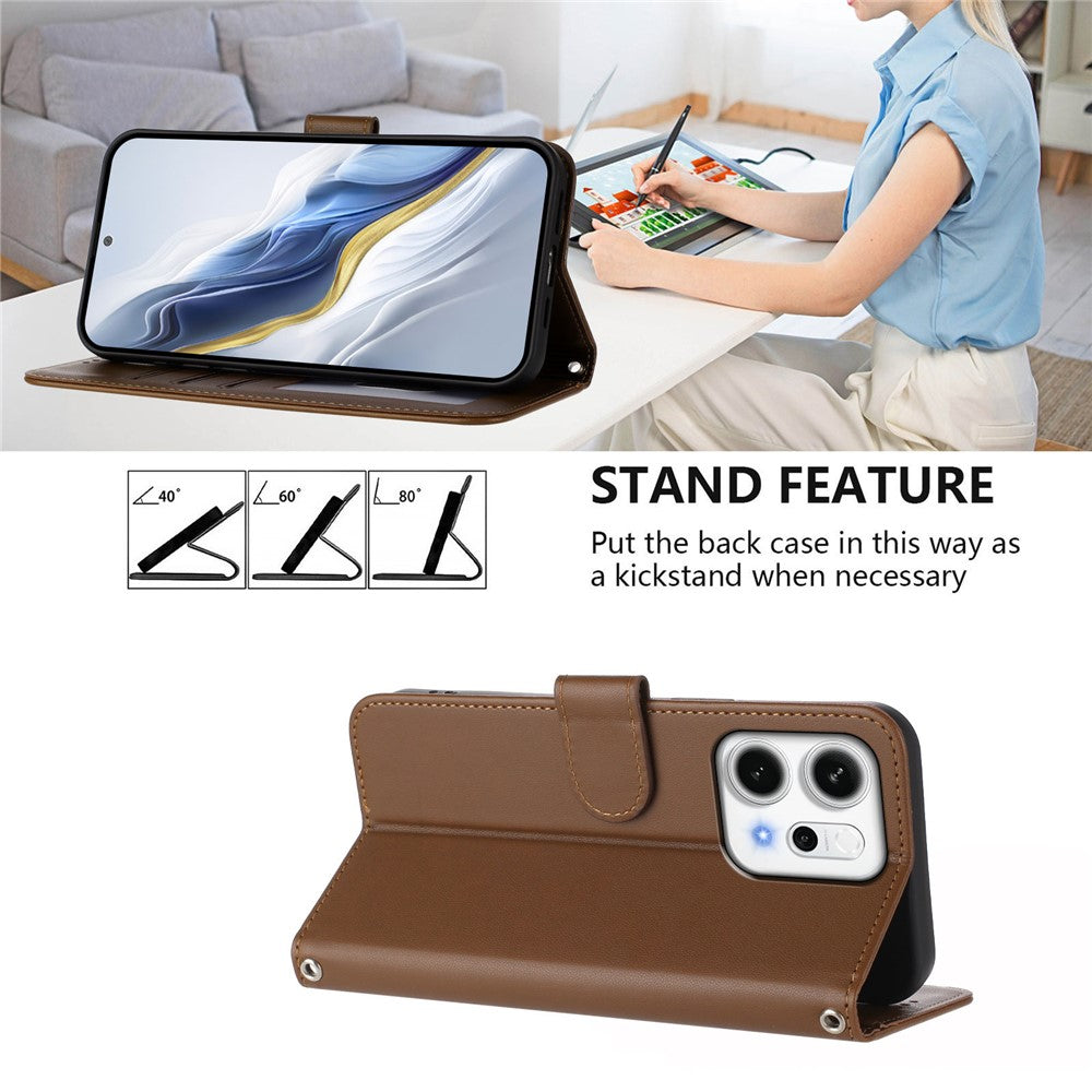 For Oppo Reno14 Pro 5G (Global) Leather Case Wallet Stand Phone Cover with Wrist Strap - Brown