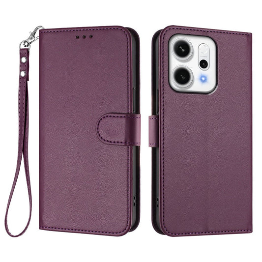 For Oppo Reno14 Pro 5G (Global) Leather Case Wallet Stand Phone Cover with Wrist Strap - Purple