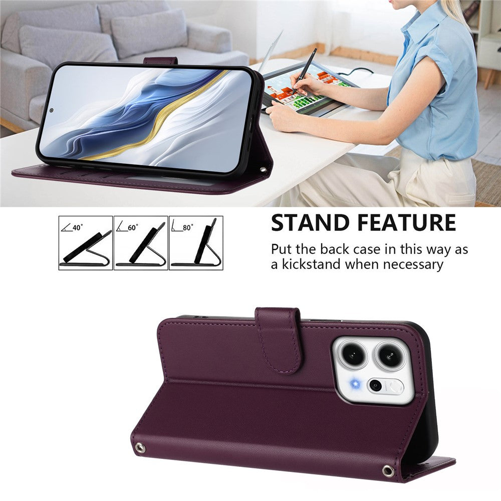 For Oppo Reno14 Pro 5G (Global) Leather Case Wallet Stand Phone Cover with Wrist Strap - Purple