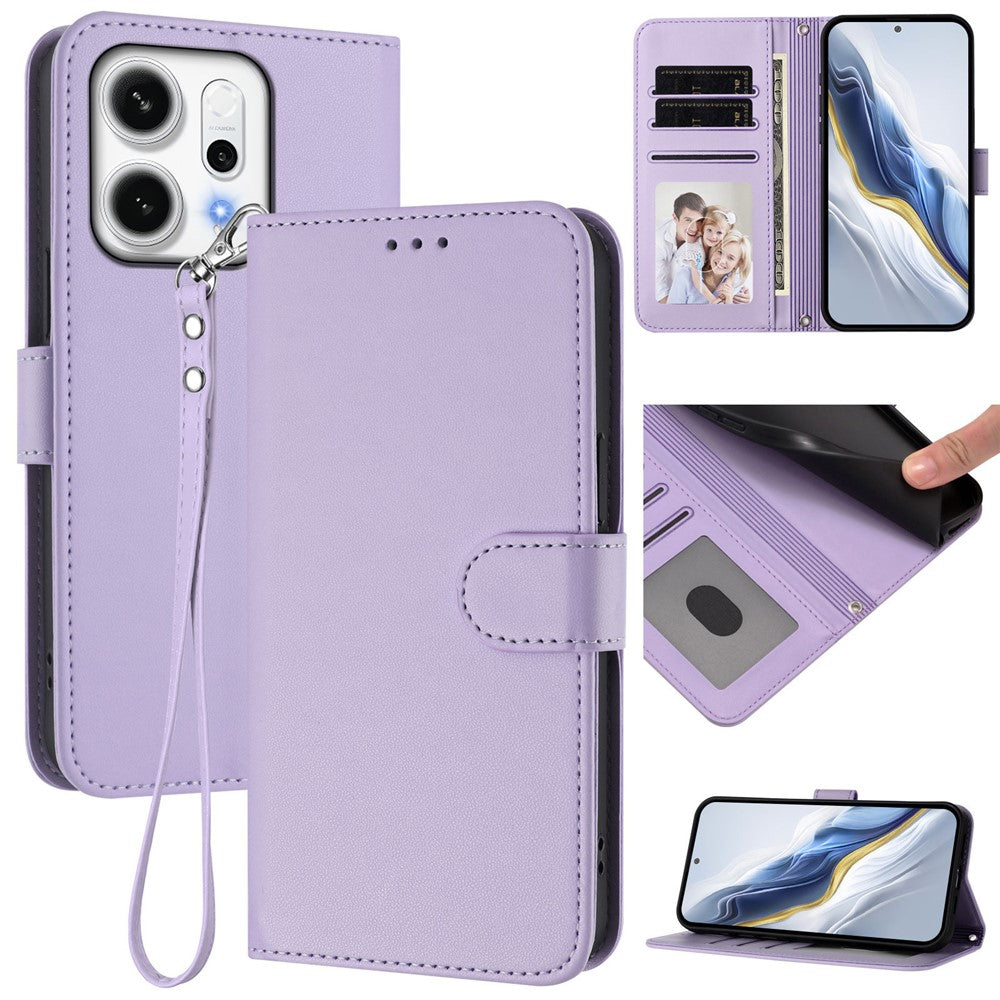 For Oppo Reno14 Pro 5G (Global) Leather Case Wallet Stand Phone Cover with Wrist Strap - Light Purple