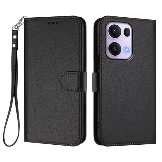 For Oppo Reno13 Pro 5G Leather Case Wallet Stand Phone Cover with Wrist Strap - Black