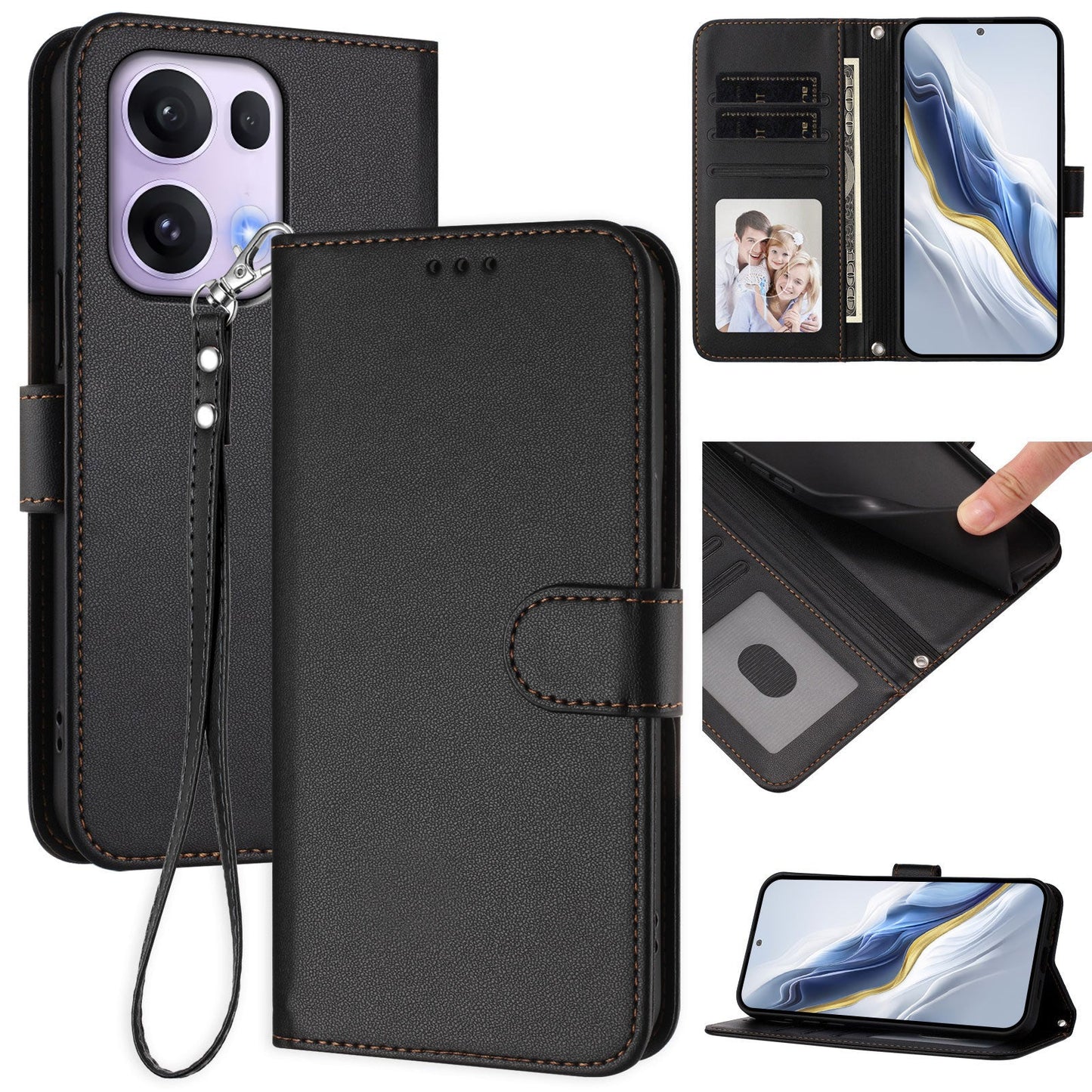 For Oppo Reno13 Pro 5G Leather Case Wallet Stand Phone Cover with Wrist Strap - Black