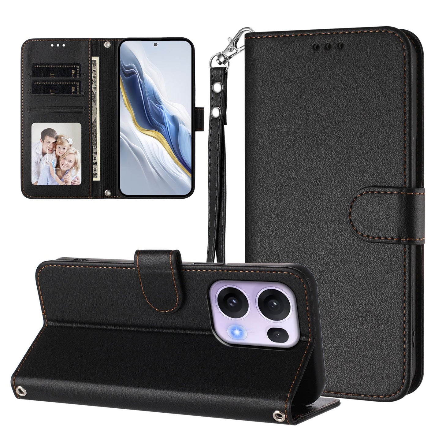 For Oppo Reno13 Pro 5G Leather Case Wallet Stand Phone Cover with Wrist Strap - Black