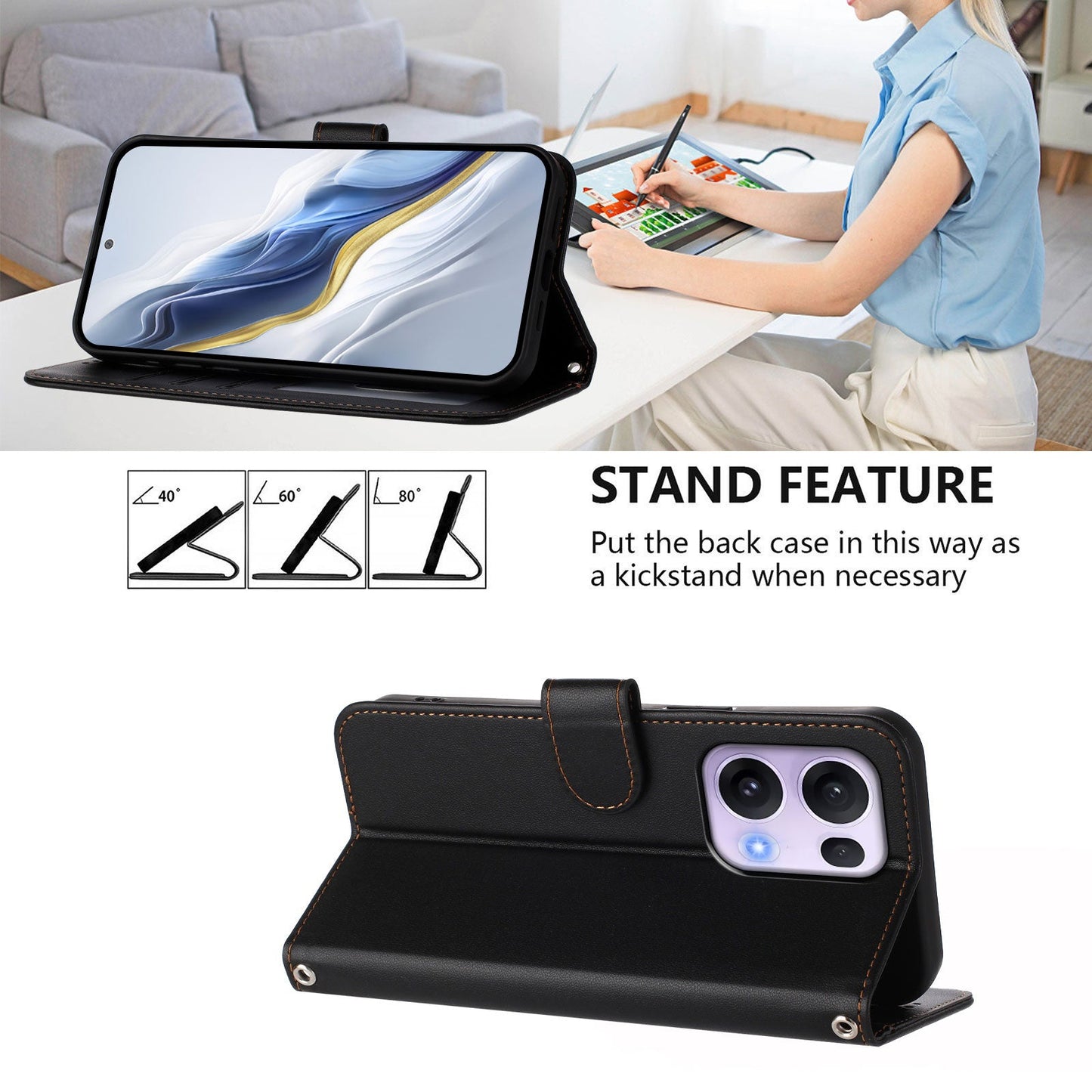 For Oppo Reno13 Pro 5G Leather Case Wallet Stand Phone Cover with Wrist Strap - Black