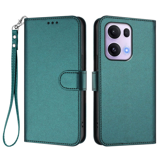 For Oppo Reno13 Pro 5G Leather Case Wallet Stand Phone Cover with Wrist Strap - Green