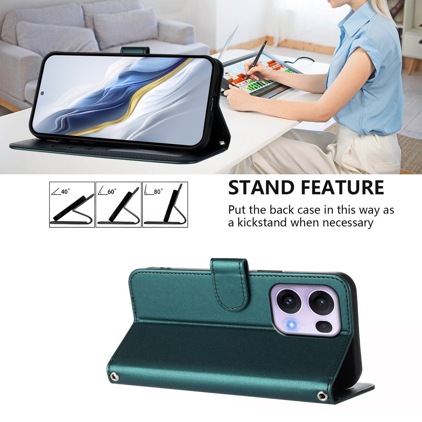 For Oppo Reno13 Pro 5G Leather Case Wallet Stand Phone Cover with Wrist Strap - Green