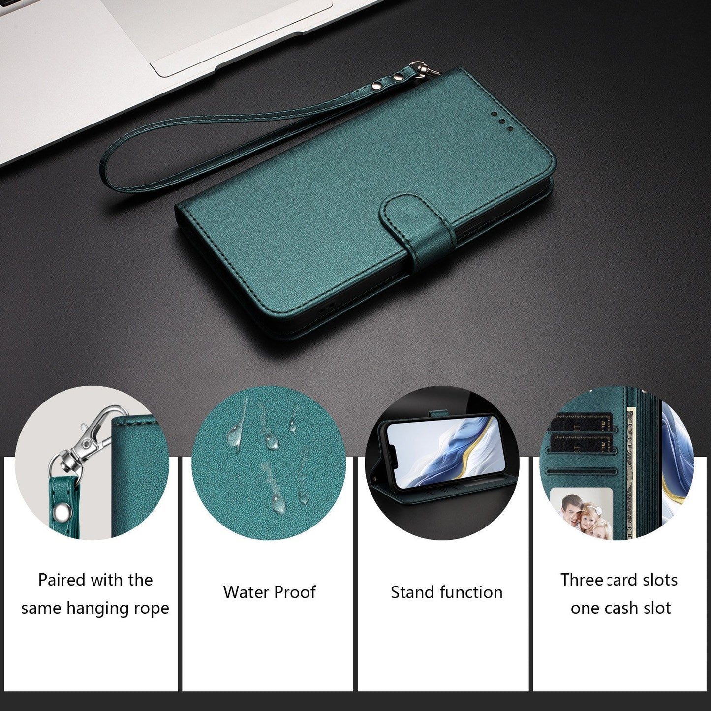 For Oppo Reno13 Pro 5G Leather Case Wallet Stand Phone Cover with Wrist Strap - Green