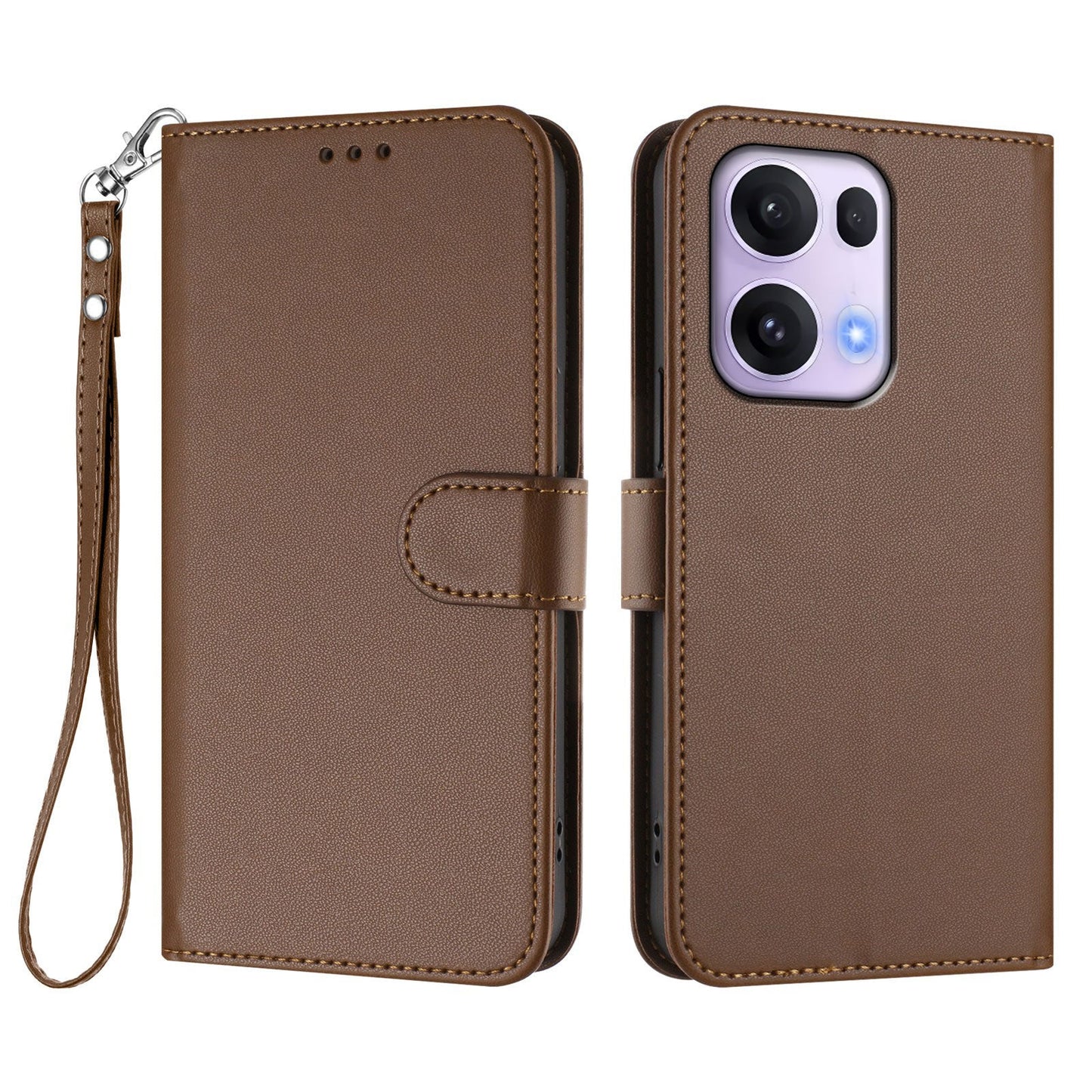 For Oppo Reno13 Pro 5G Leather Case Wallet Stand Phone Cover with Wrist Strap - Brown