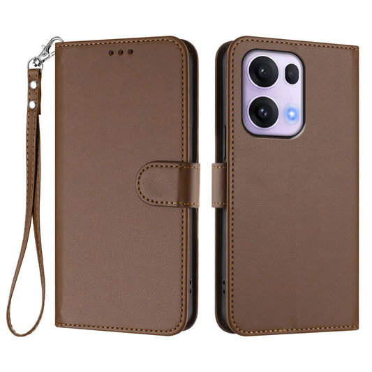 For Oppo Reno13 Pro 5G Leather Case Wallet Stand Phone Cover with Wrist Strap - Brown