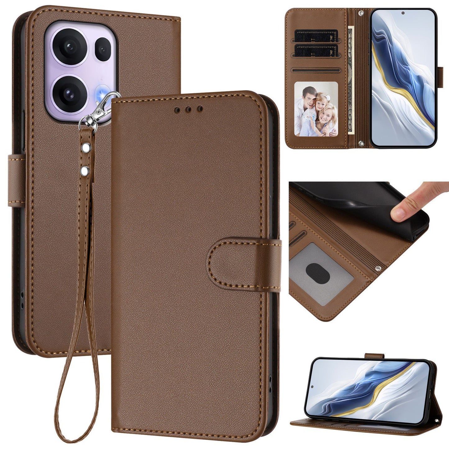 For Oppo Reno13 Pro 5G Leather Case Wallet Stand Phone Cover with Wrist Strap - Brown