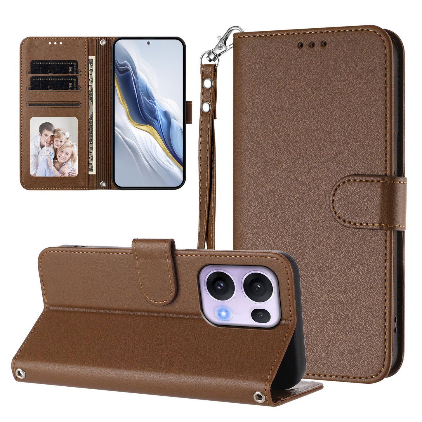 For Oppo Reno13 Pro 5G Leather Case Wallet Stand Phone Cover with Wrist Strap - Brown