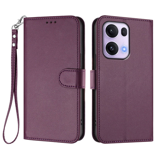 For Oppo Reno13 Pro 5G Leather Case Wallet Stand Phone Cover with Wrist Strap - Purple