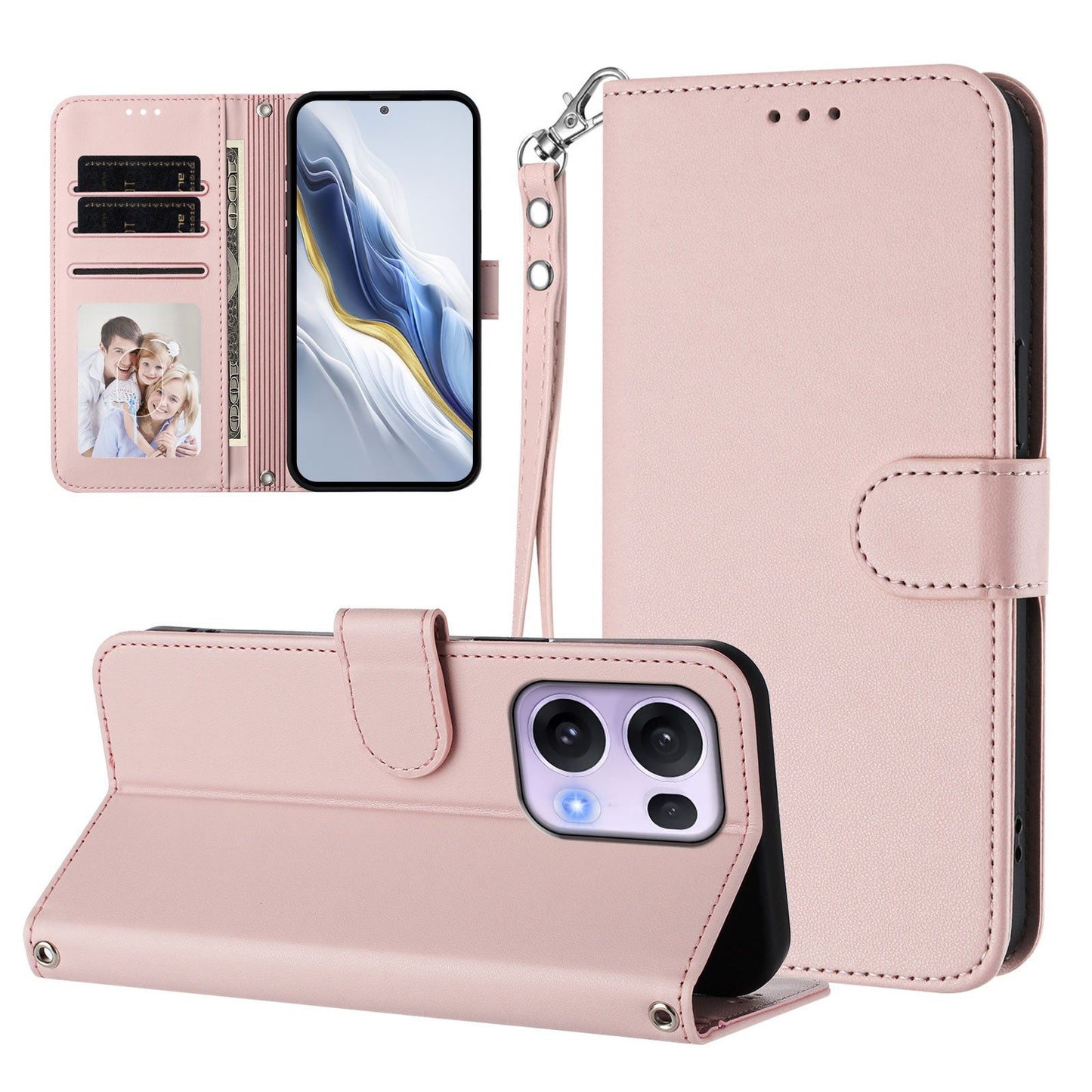For Oppo Reno13 Pro 5G Leather Case Wallet Stand Phone Cover with Wrist Strap - Pink