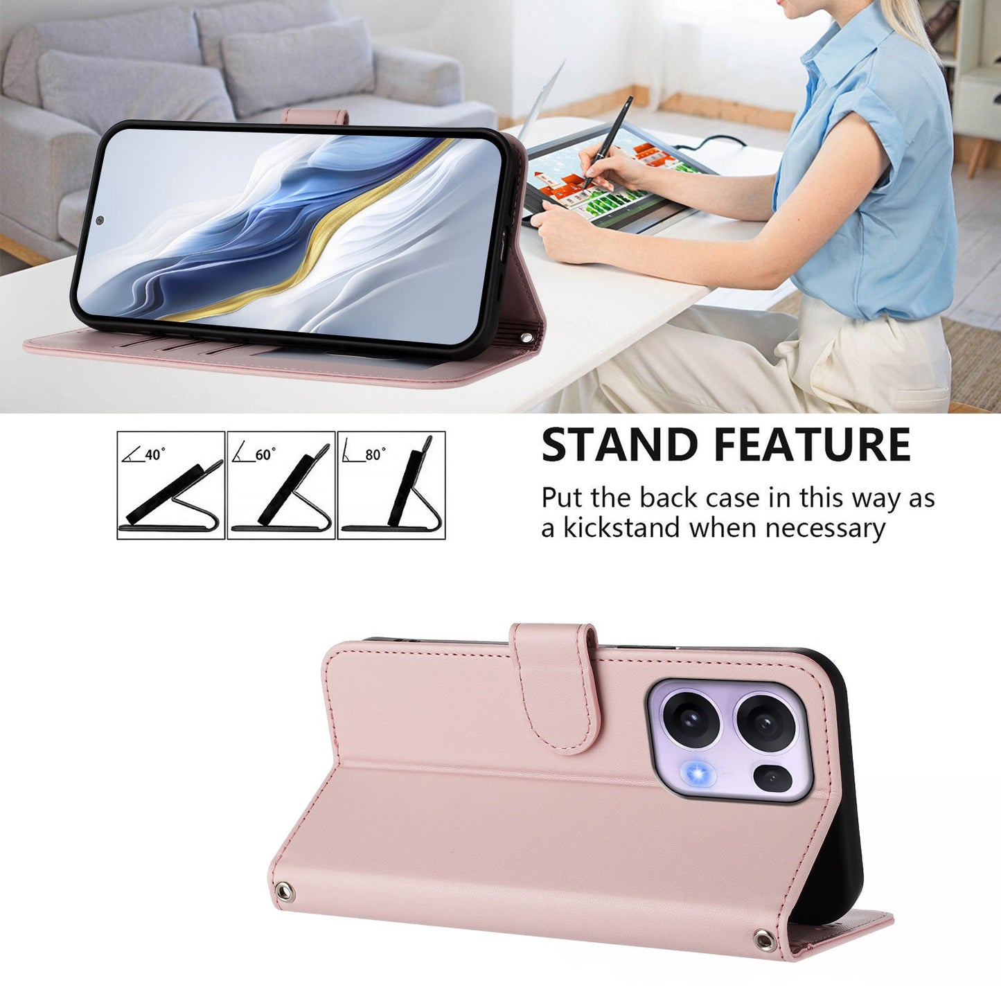 For Oppo Reno13 Pro 5G Leather Case Wallet Stand Phone Cover with Wrist Strap - Pink