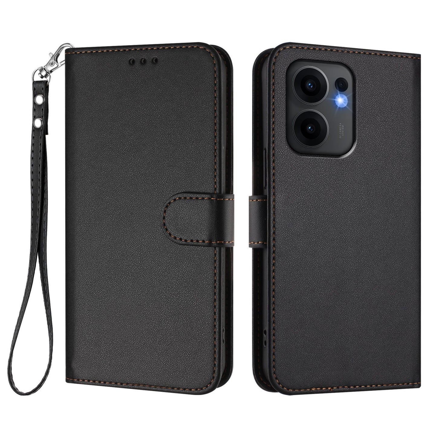 For Oppo Reno13 F 4G / Oppo Reno13 F 5G Leather Case Wallet Stand Phone Cover with Wrist Strap - Black