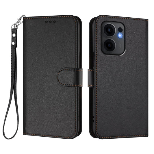 For Oppo Reno13 F 4G / Oppo Reno13 F 5G Leather Case Wallet Stand Phone Cover with Wrist Strap - Black