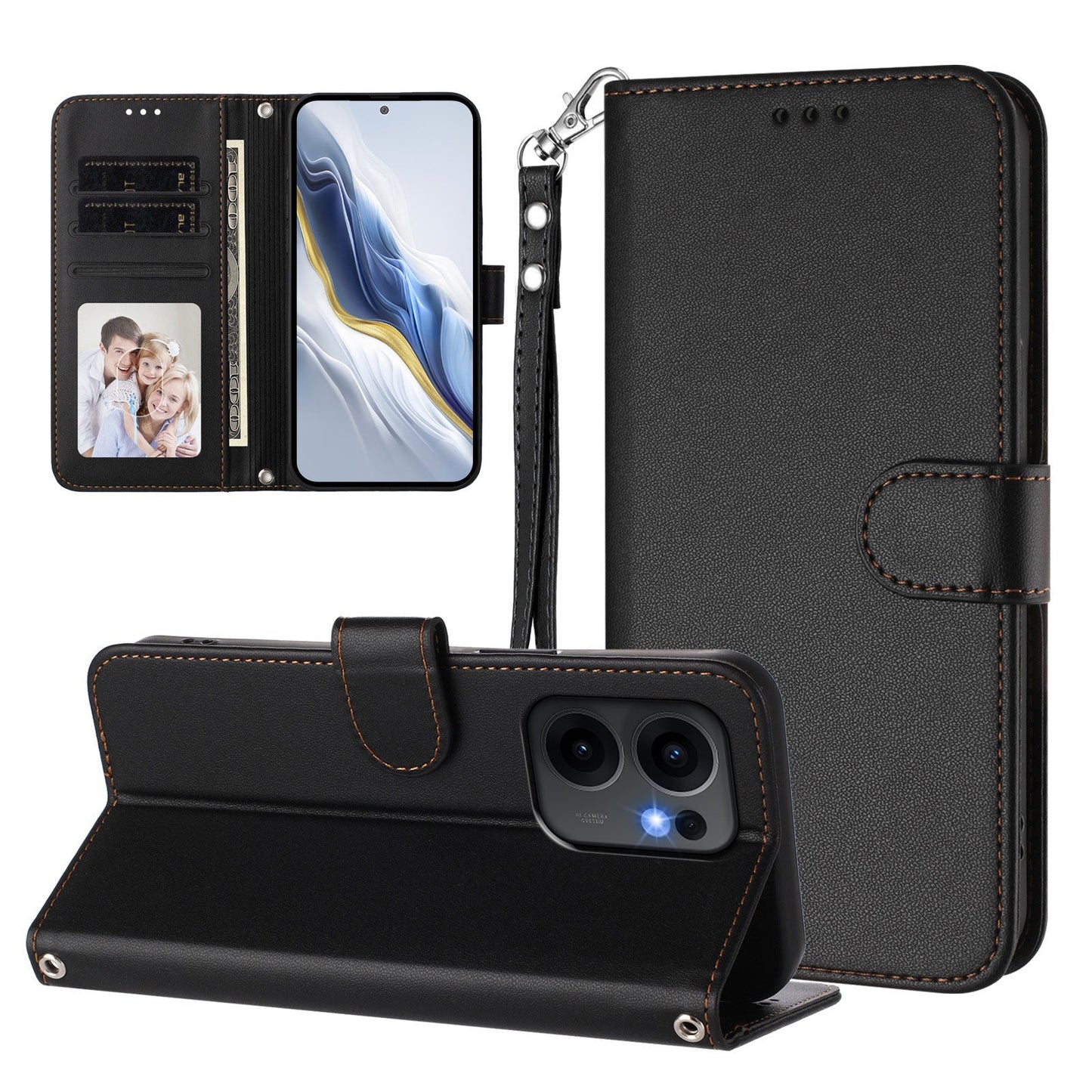 For Oppo Reno13 F 4G / Oppo Reno13 F 5G Leather Case Wallet Stand Phone Cover with Wrist Strap - Black