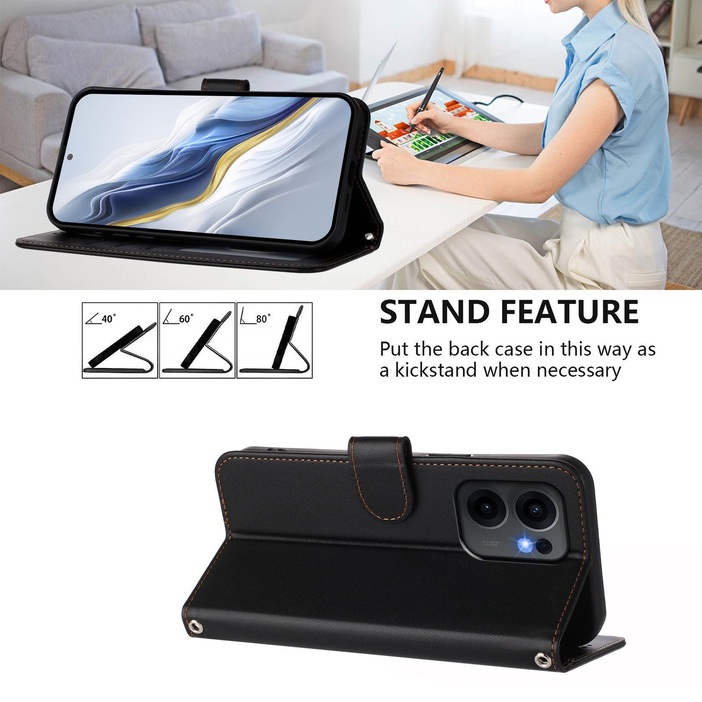 For Oppo Reno13 F 4G / Oppo Reno13 F 5G Leather Case Wallet Stand Phone Cover with Wrist Strap - Black